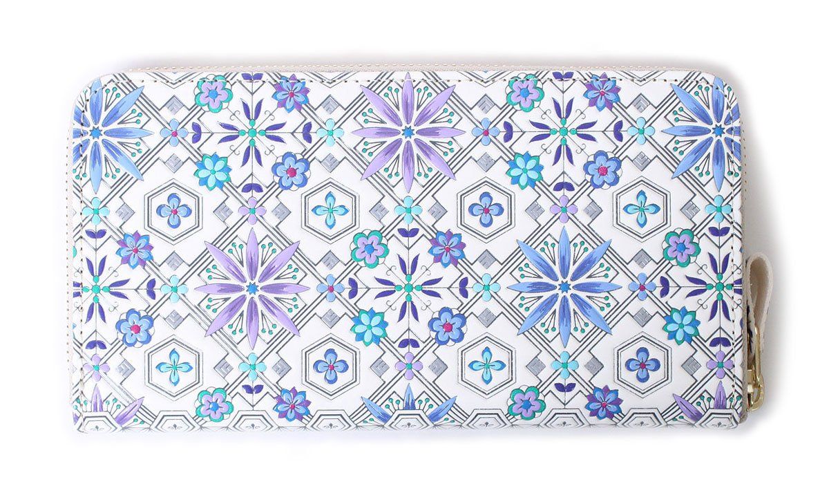 浅草文庫 友禅染 長財布 花菱 はなびし 柄 江戸小紋 財布 ラウンドファスナー 本革 日本製 ブルー