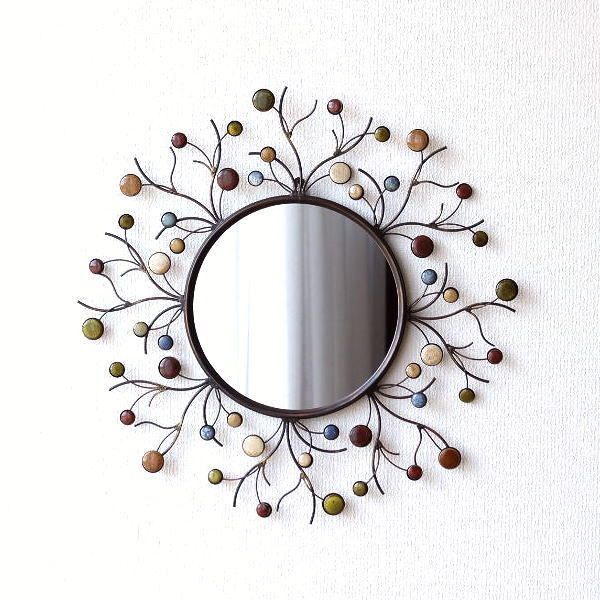 鏡 壁掛けミラー おしゃれ かわいい 壁飾り ウォールミラー アンティーク 円形 アイアン 陶器 壁面 装飾 枝 ウォールデコ 