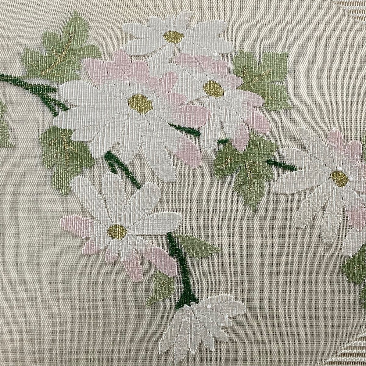 名古屋帯★夏用★絽★正絹★白★刺繍★クリーム　中古　Ｏ-133 名古屋帯 優品 夏帯 絽 八寸名古屋帯 トンネル仕立て 菊 金糸