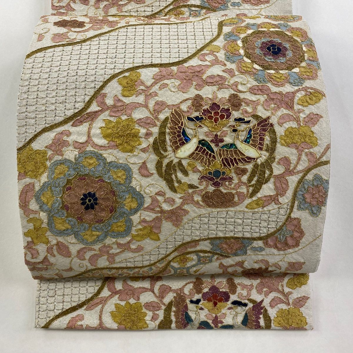 袋帯 華文 向かい鳥 螺鈿 箔 ベージュ 六通 正絹