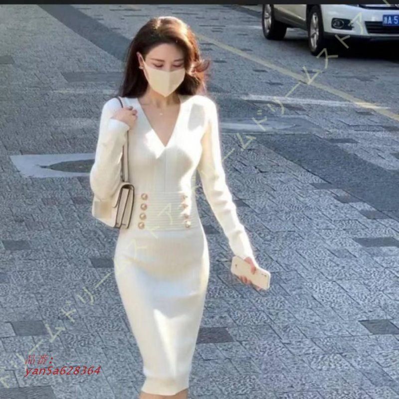 ワンピース レディース 長袖 Vネック ロング ニット ミモレ丈 厚手 インナーワンピース ニットワンピース 通勤 膝丈 秋冬 着痩せ ニットワンピ 上品 無地 yan5a628364