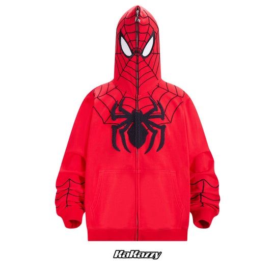KaKazzy】スパイダーマン レッド×ブラック フルジップ パーカー 男女 