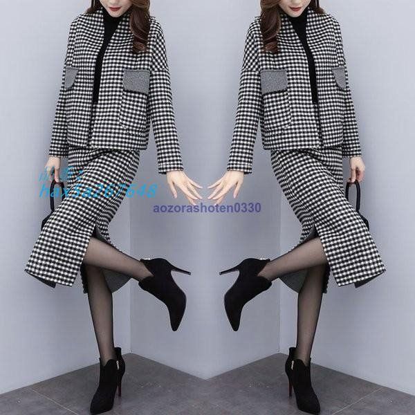 セットアップ レディース 上下セット アウター 前開き ジャケット ビジネス 長袖 ペンシルスカート チェック柄 格子柄 サイドスリット スカート hax5a267648