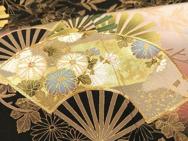 平和屋着物□豪華黒留袖 駒刺繍 扇面草花文 金彩 正絹 逸品 AAAV4149es