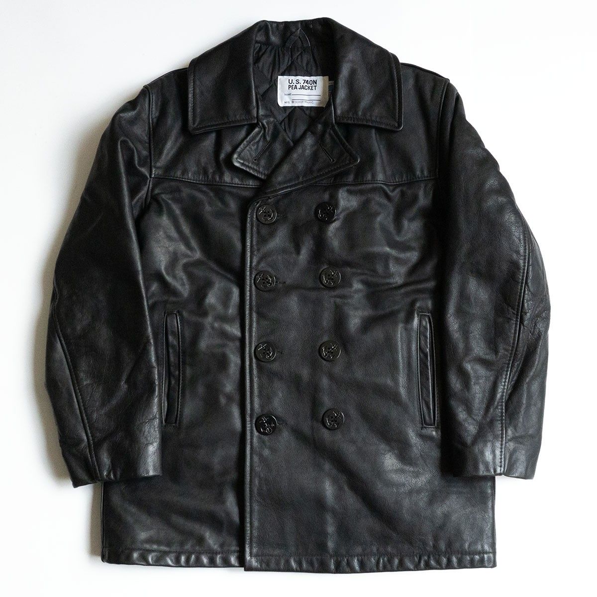 Schott ライダースタイプ ピーコート 38 美品】SCHOTT【レザー ピーコート】38 ブラック レザー アメリカ