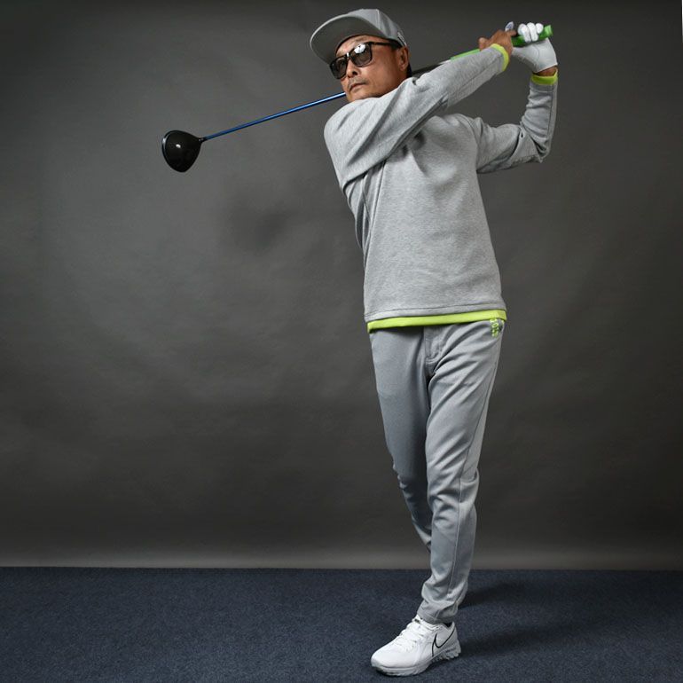 ポンチ素材長袖モックネック-テーパードゴルフパンツセットアップ