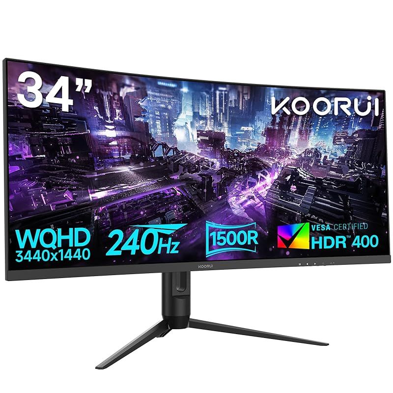 KOORUI 34インチゲーミングモニター 曲面ウルトラワイド 3440x1440p 240Hz MPRT 1ms応答速度 VA 1500R 99% sRGB 4000 1コントラスト比 高さ調整 HDMI2.1×2 DP1.4×1 Audio×1 21 9