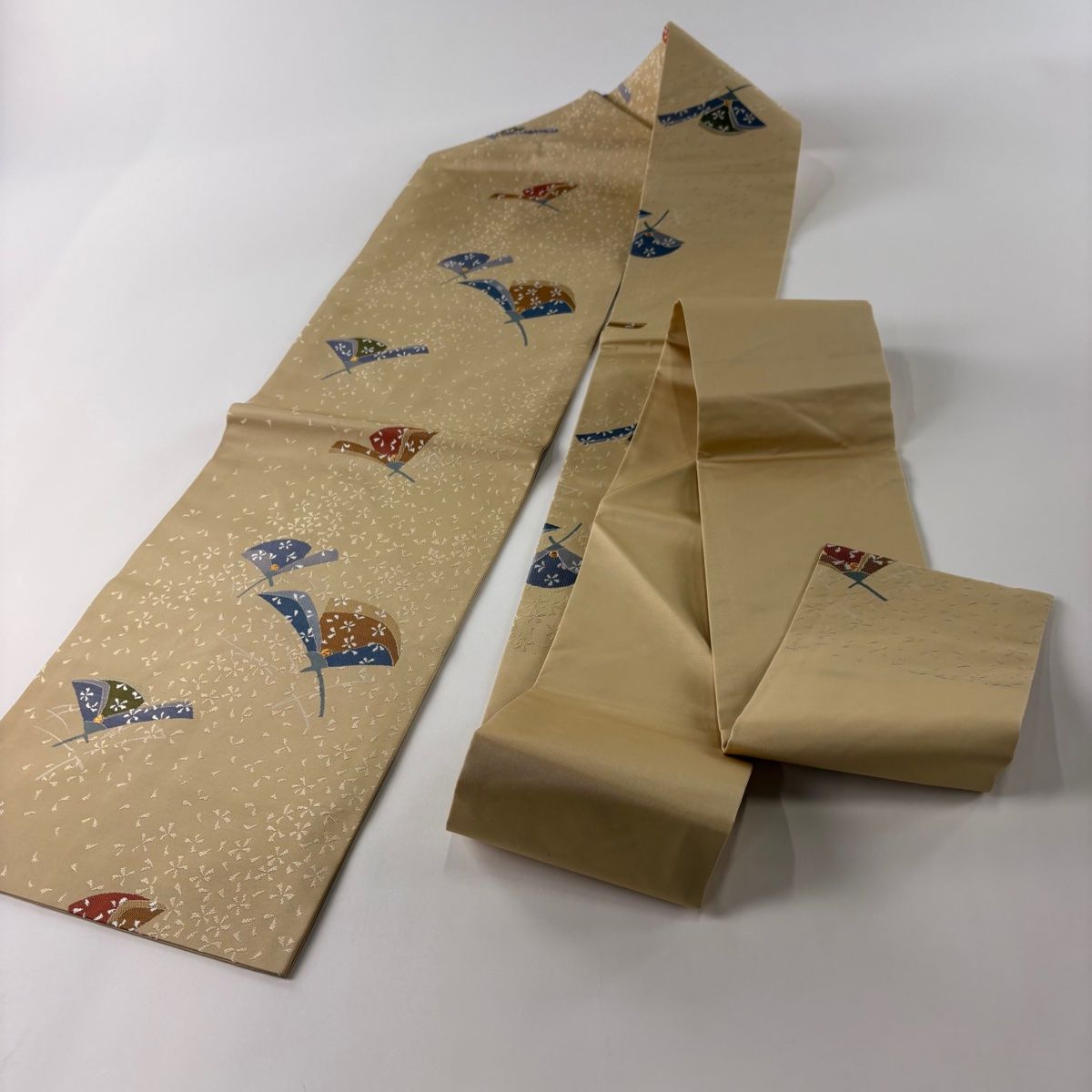 名古屋帯 秀品 落款 桔梗 ベージュ 正絹 【中古】 名古屋帯 美品
