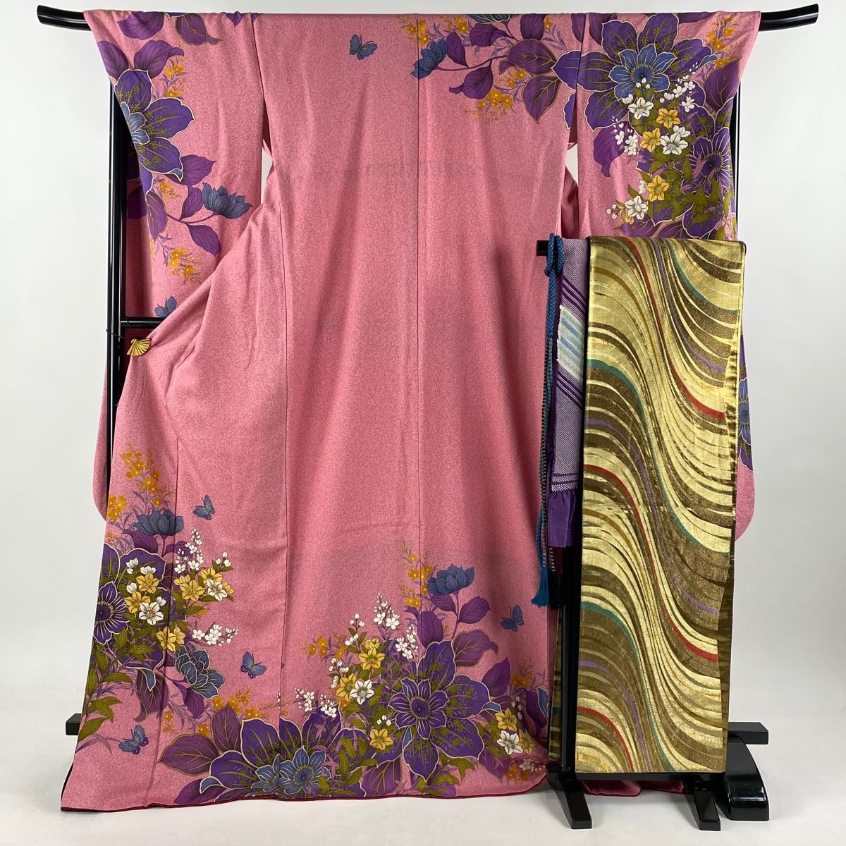 振袖 身丈175cm 裄丈72cm L 袷 袋帯フルセット 草花 蝶 箔