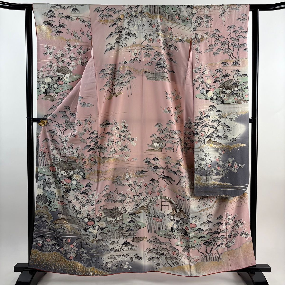 振袖 身丈161.5cm 裄丈61.5cm S 袷 ますいわ屋 建物 草花 金糸