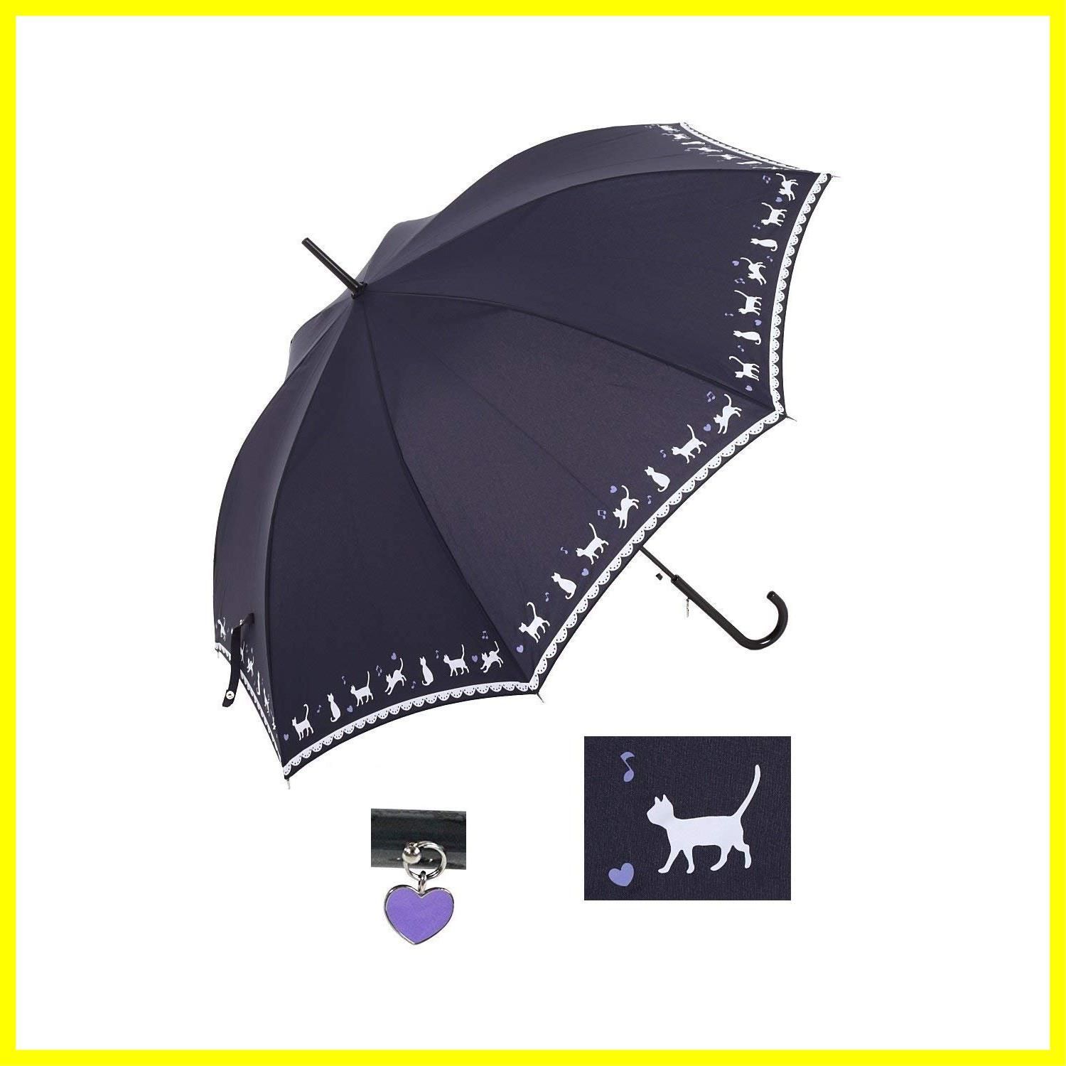 オカモト原宿店 雨傘 ジャンプ傘 ネコ柄 (パープル / 8本骨) かわいい おしゃれ 長傘 黒猫 (60cm / 軽量/ハートのチャーム付 オカモト原宿店 雨傘 ジャンプ傘 ネコ柄 (パープル ⁄ 8本骨) かわいい