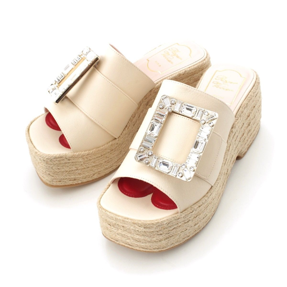 ロジェヴィヴィエ STRASS BUCKLE ESPA 85 レザー リネン ビジューバックル ウェッジ エスパドリーユ サンダル ベージュ 36