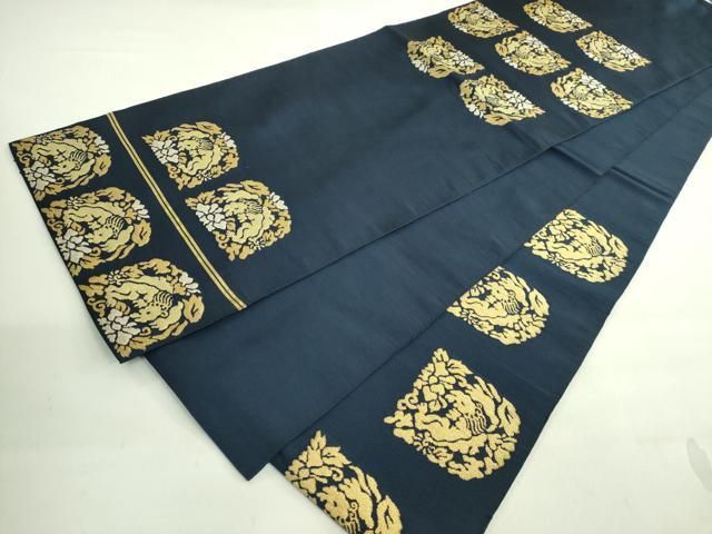 平和屋着物□極上 綴れ 太鼓柄袋帯 名物裂 金襴 金銀糸 鉄紺色地 逸品