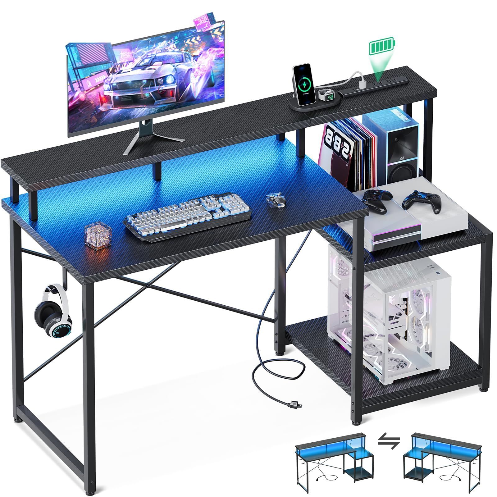 ゲーミングデスク パソコンデスク デスク ラック-コンセント付き 机 pcデスク 幅120cm モニター台-プリンター台付き ゲームデスク gaming desk LEDライト付き ゲーム|在宅ワーク|オフィス用 左右入れ替え対応 カーボン調ブラッ
