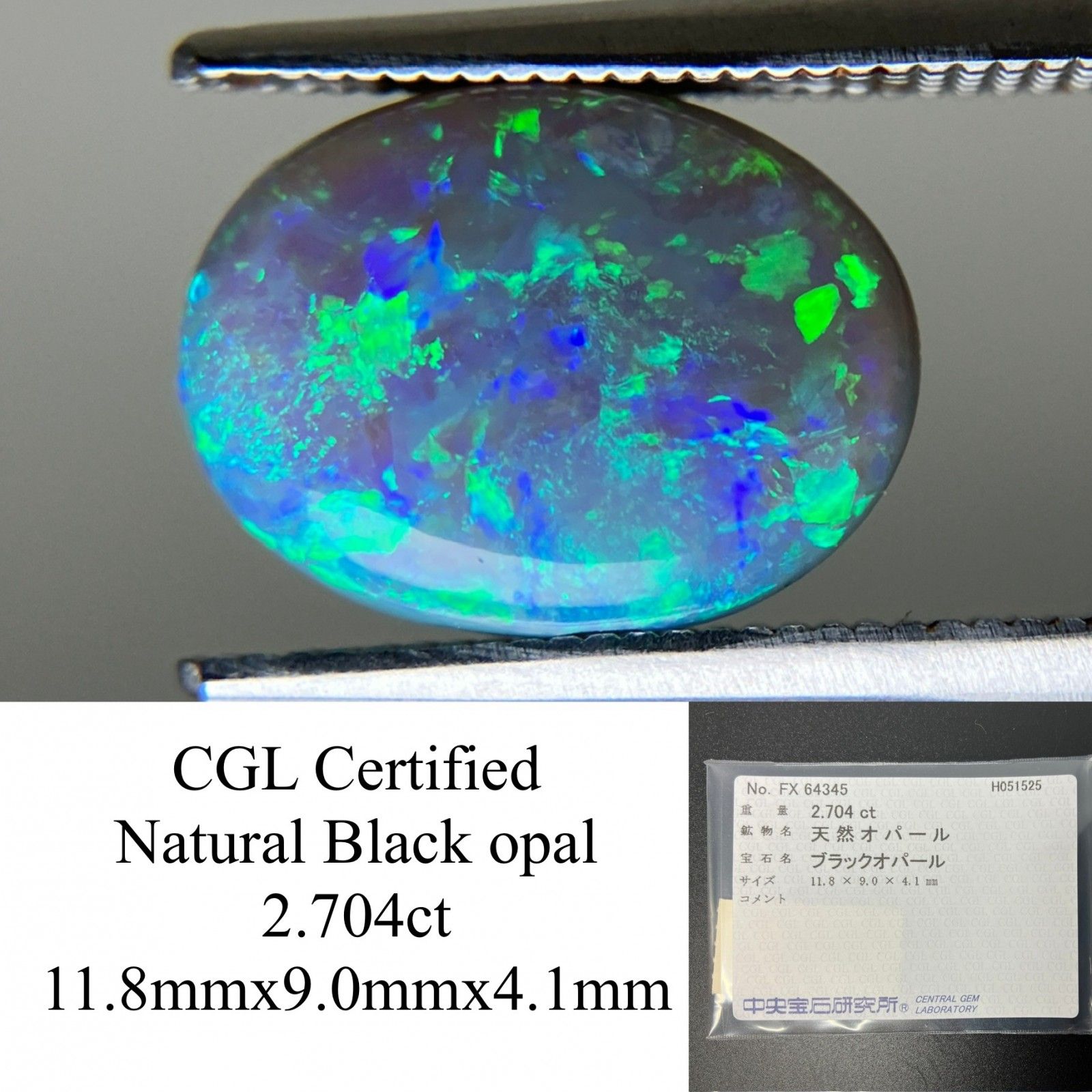 ブラックオパール 天然 2.704ct 中央宝石ソーティング付き 11.8㎜×9.0㎜×4.1㎜ ルース 裸石 4890YY