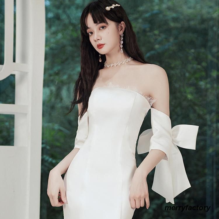 ウェディングドレス パーティードレス ロング丈 ロングドレス 無地 肩  