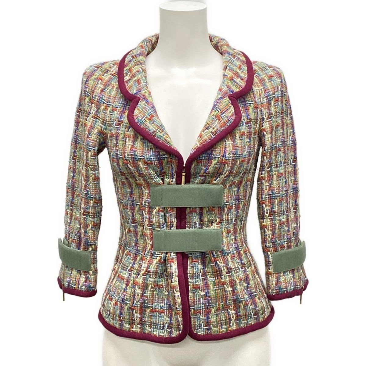 シャネル ジャケット サイズ34 S レディース - P 56262 グリーン×レッド×マルチ 長袖 ツイード 2017年 ジップアップ コットン ウール