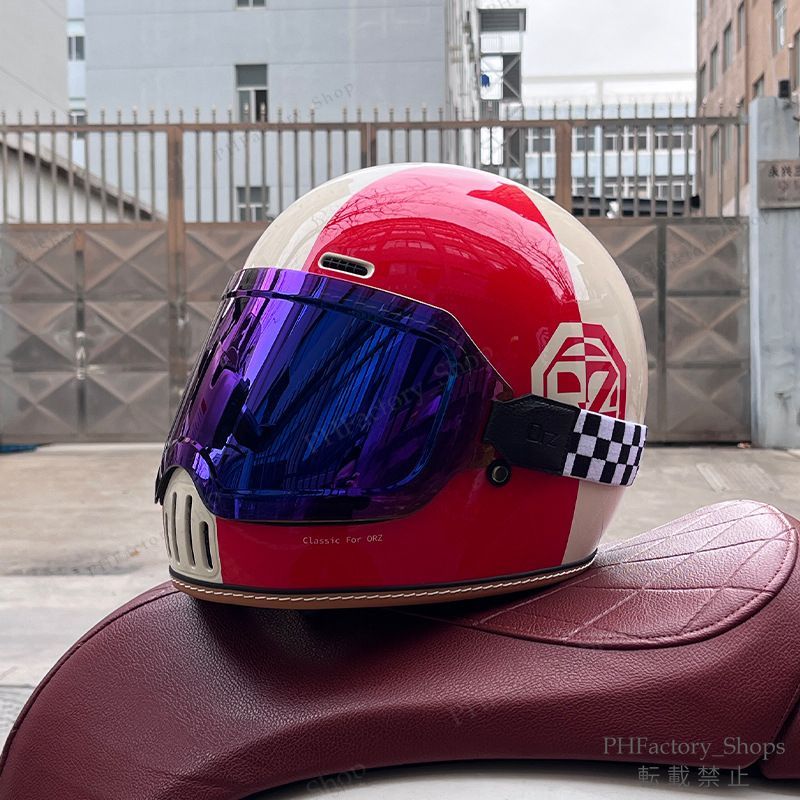 レトロヘルメット クラシック フルフェイスヘルメット ゴーグルが付き バイクヘルメット DOT認定 耐久性 安全性 通気性 男女兼用 レッド＆ベージュ A174