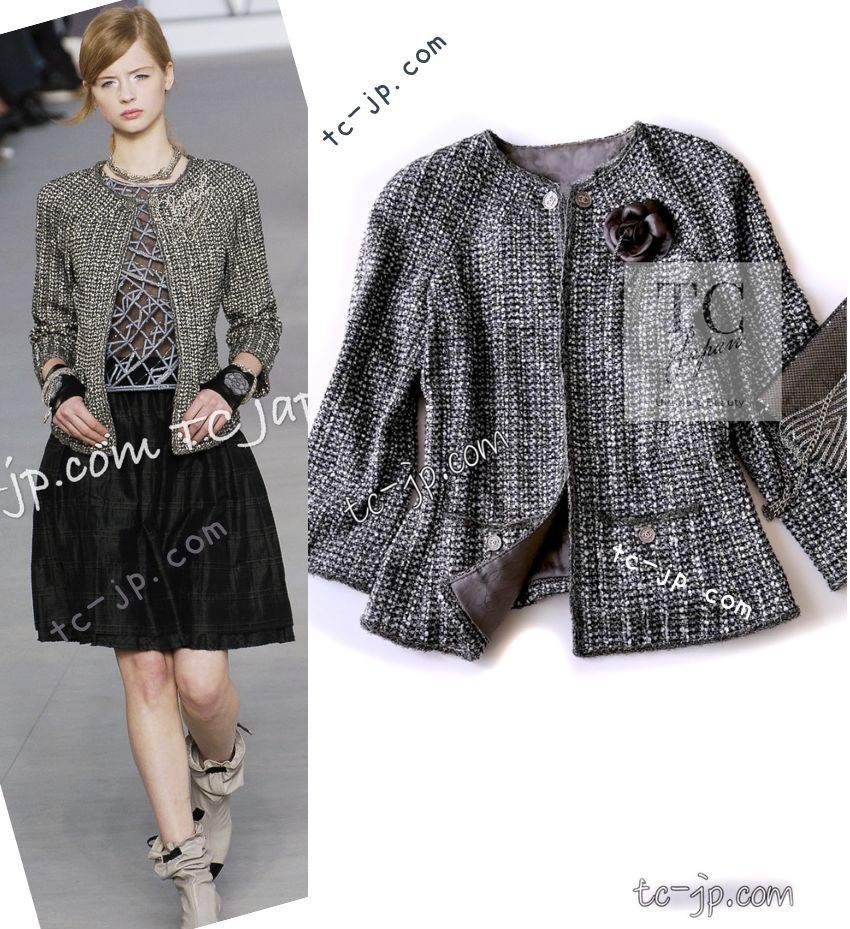 シャネル ジャケット CHANEL グレー シルバー メタリック トリム