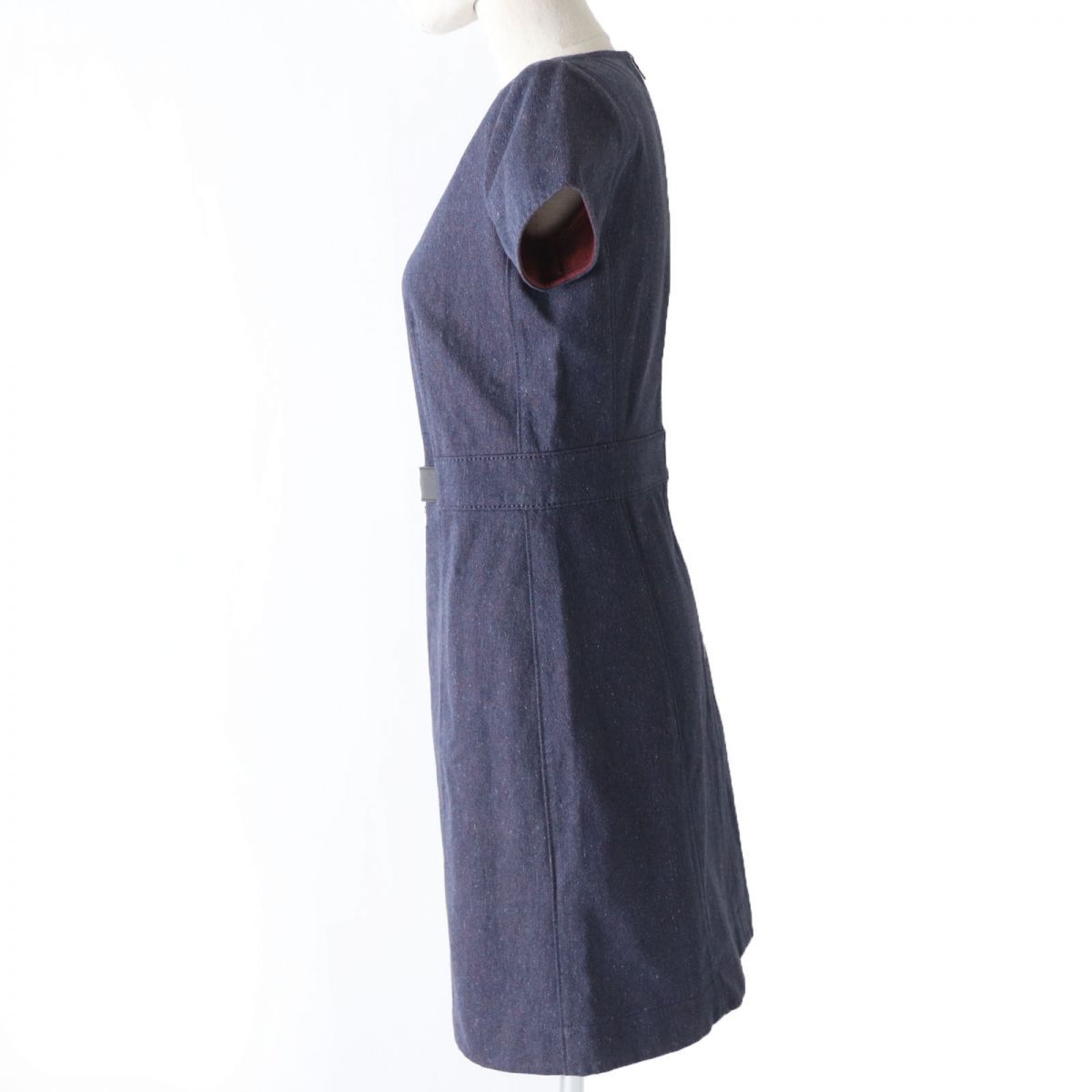 HERMES エルメス チャーム レザー使い 膝丈 半袖 コットン ワンピース パープル系 34 レディース フランス製