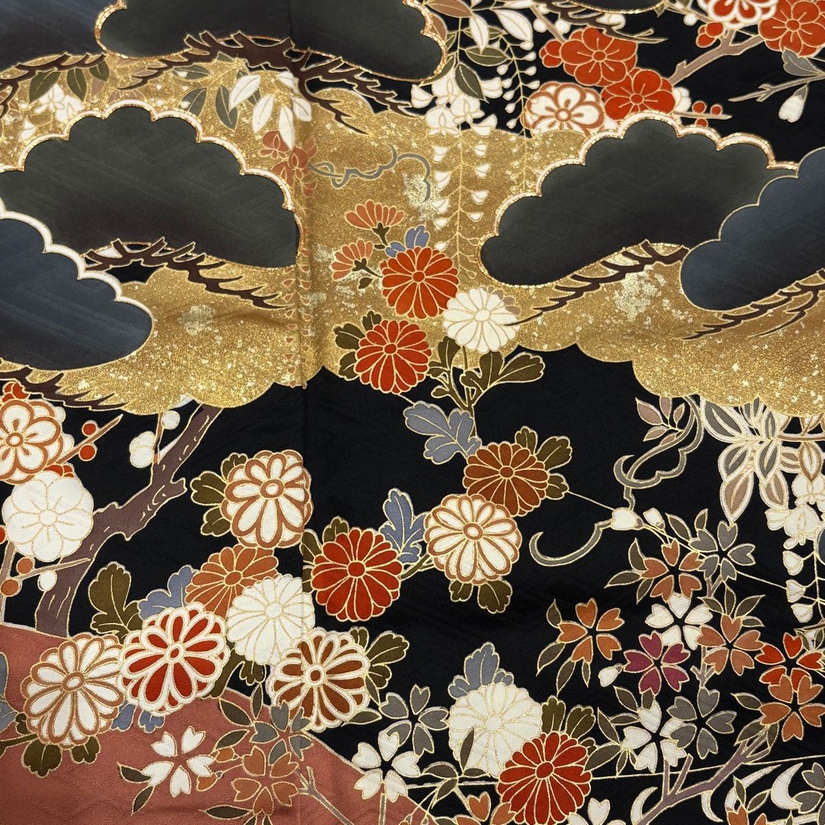 振袖 身丈162cm 裄丈65cm M 袷 扇 橘 金銀糸 金銀彩 茜色 正絹 秀品 中古