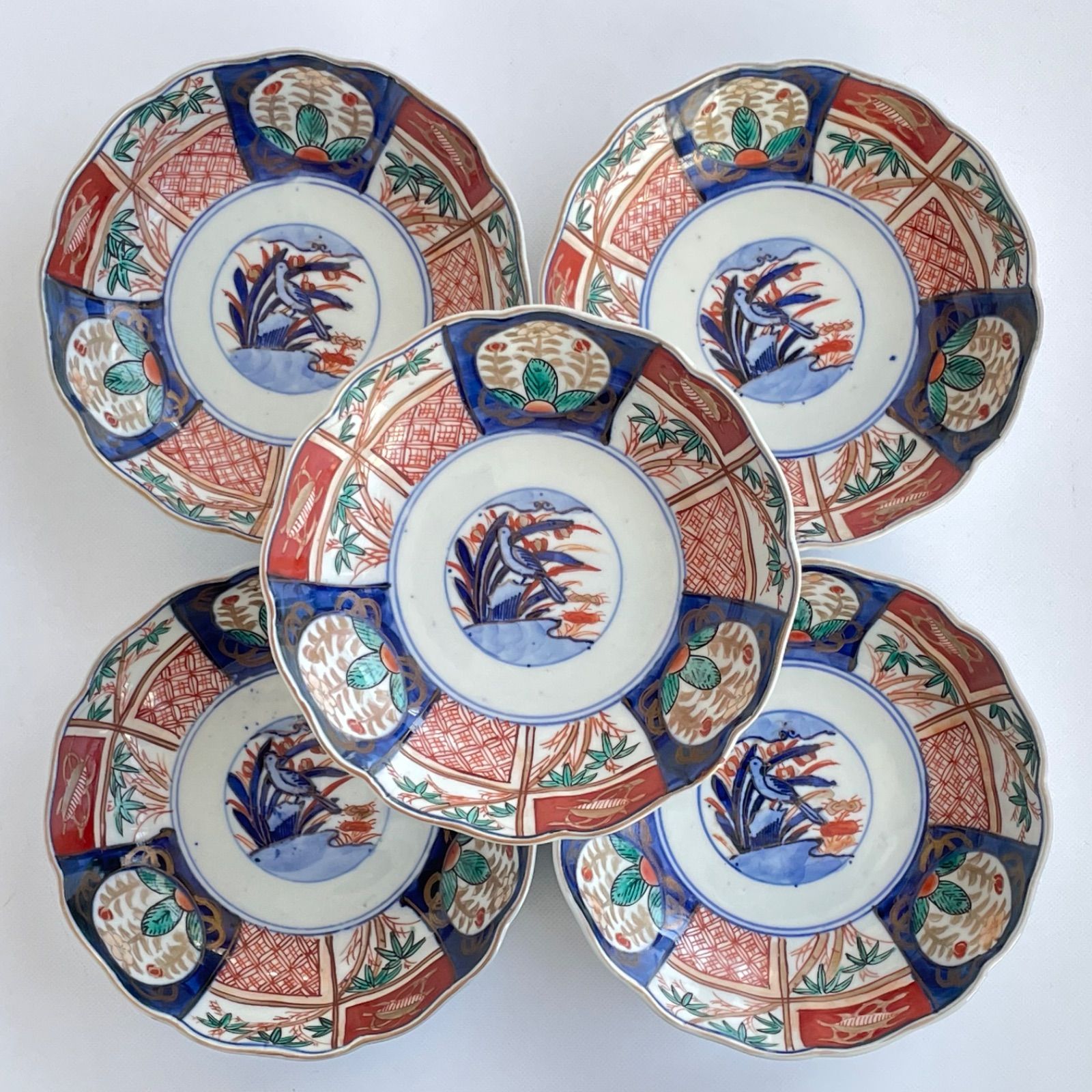 伊万里　古伊万里　大皿　青磁　染付　花鳥の図 福雀】古伊万里 染付 鳥に花の図 皿 五客【A149】