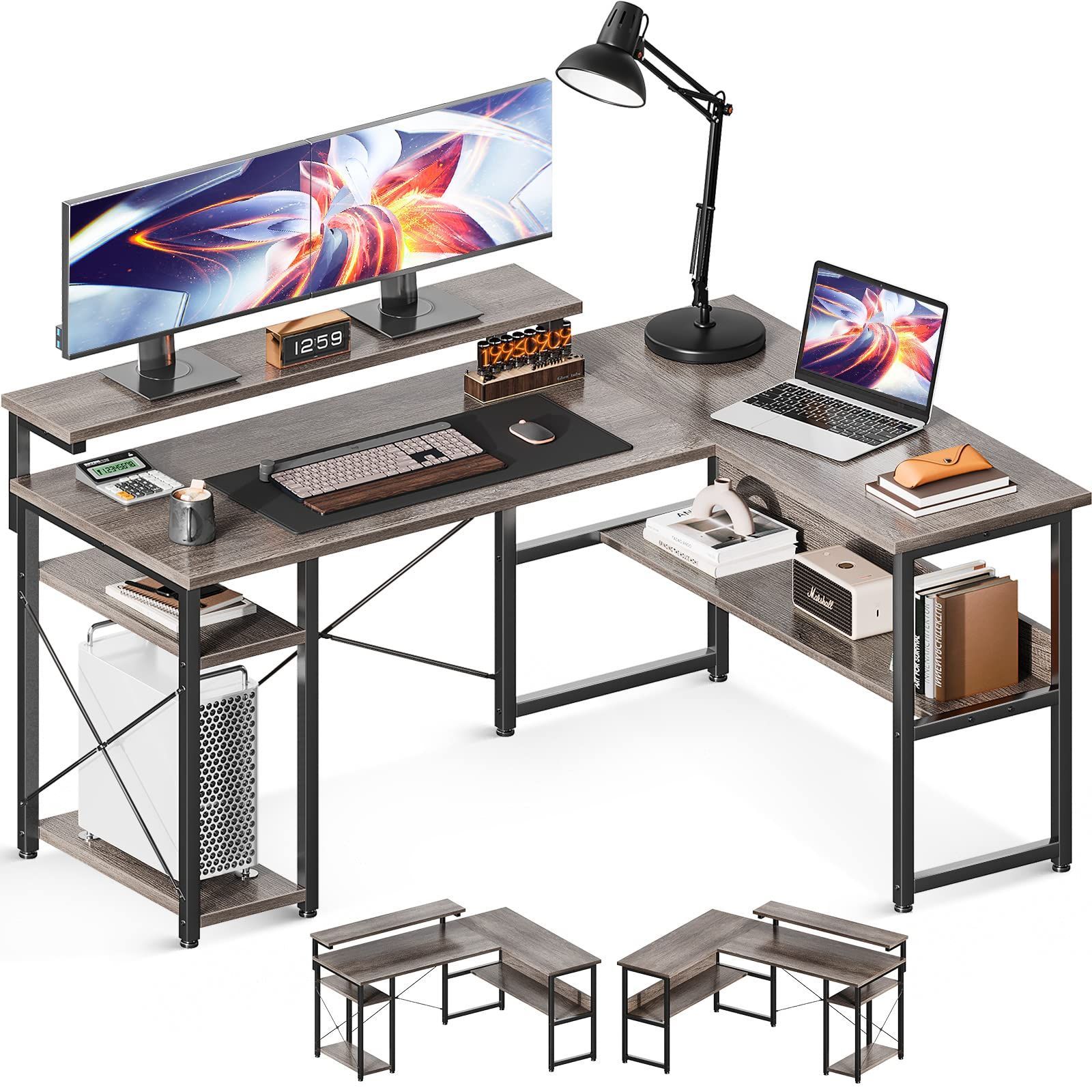 ODK パソコンデスク l字デスク 幅137 ゲーミングデスク デスク 机 棚付き pcデスク コーナーデスク 収納 エル字デスク 3段階モニター台付き オフィスデスク 仕事用 在宅勤務 組立簡単 グレー