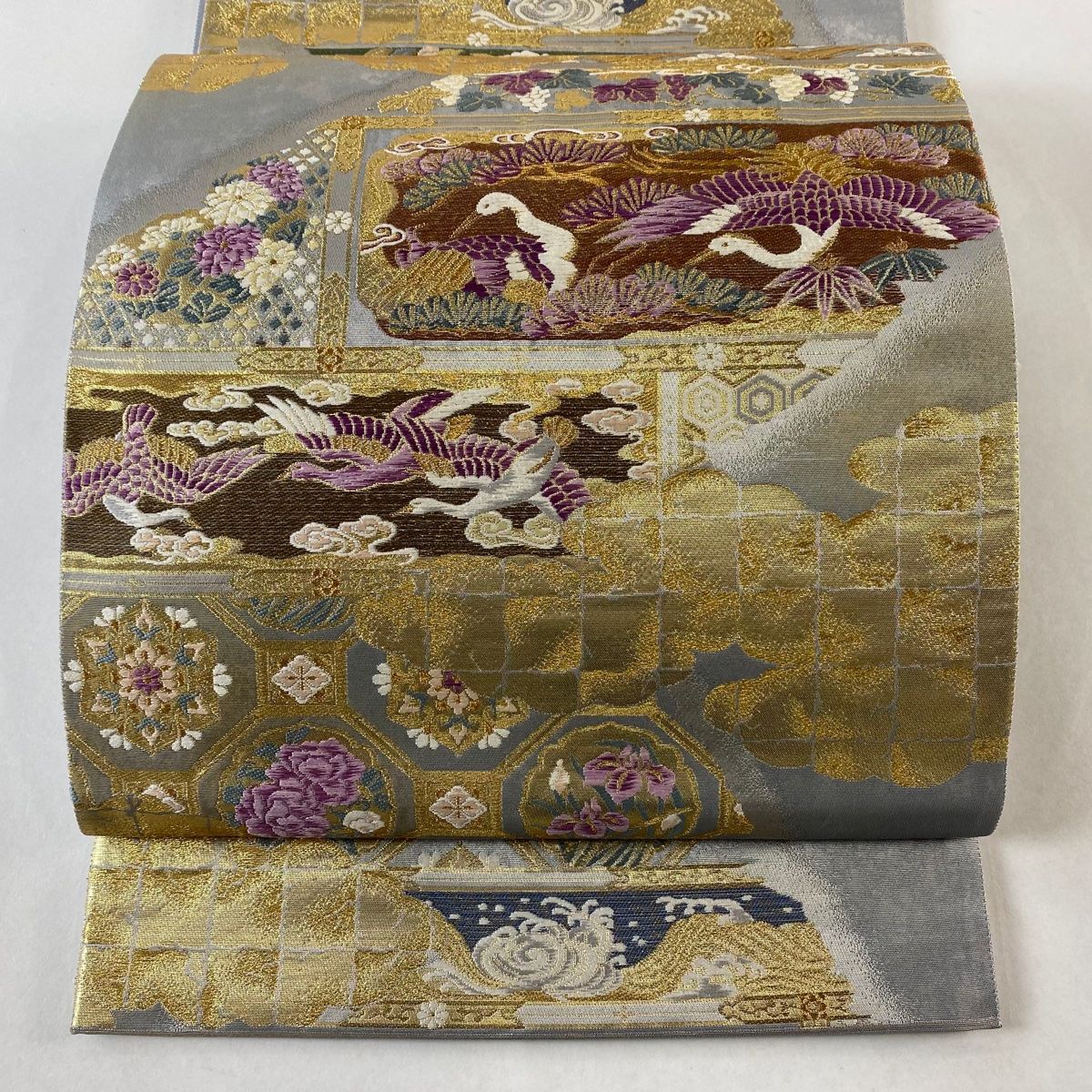 袋帯 名品 落款 本家加納 ヱ霞 草花 金糸 箔 ベージュ 六通 正絹