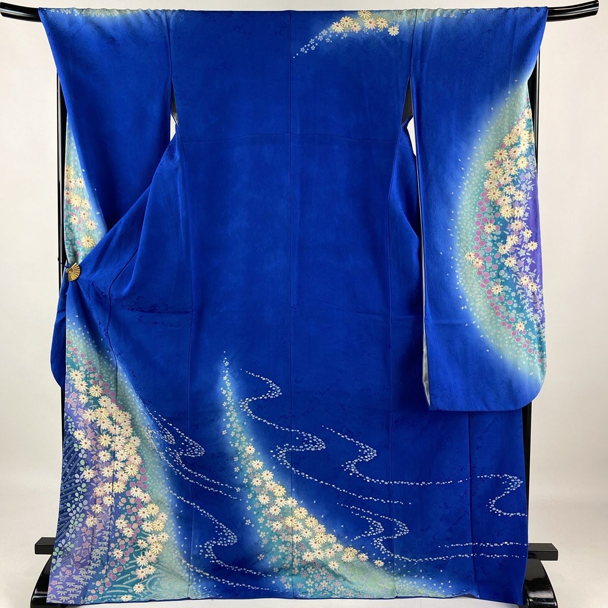 振袖 身丈174cm 裄丈70cm L 袷 菊 萩 金彩 ぼかし 青 正絹 名品 【中古  
