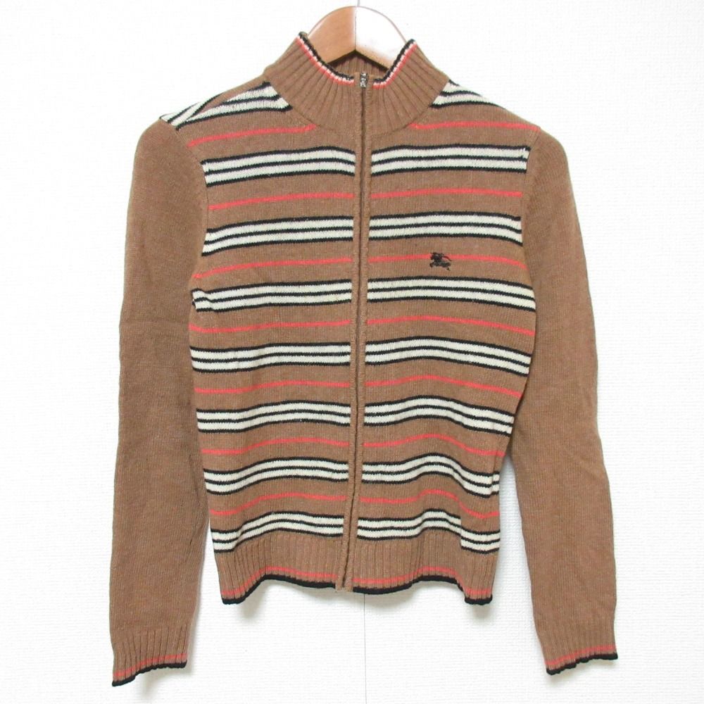 BURBERRY BLUE LABEL バーバリーブルーレーベル ボーダー ウール ジップ ニットジャケット カーディガン サイズM ブラウン レディース 古着