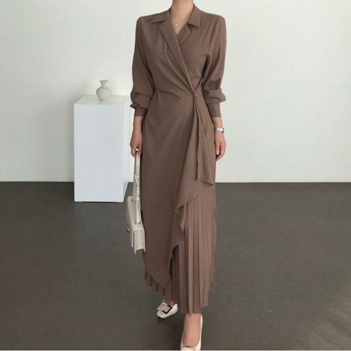 レディース ワンピース プリーツスカート 長袖 秋服 秋 上品 プリーツ ロング丈 きれいめ シンプル 大きいサイズ 体型カバー オフィス フォーマル パーティー 秋冬 xkmilyx255