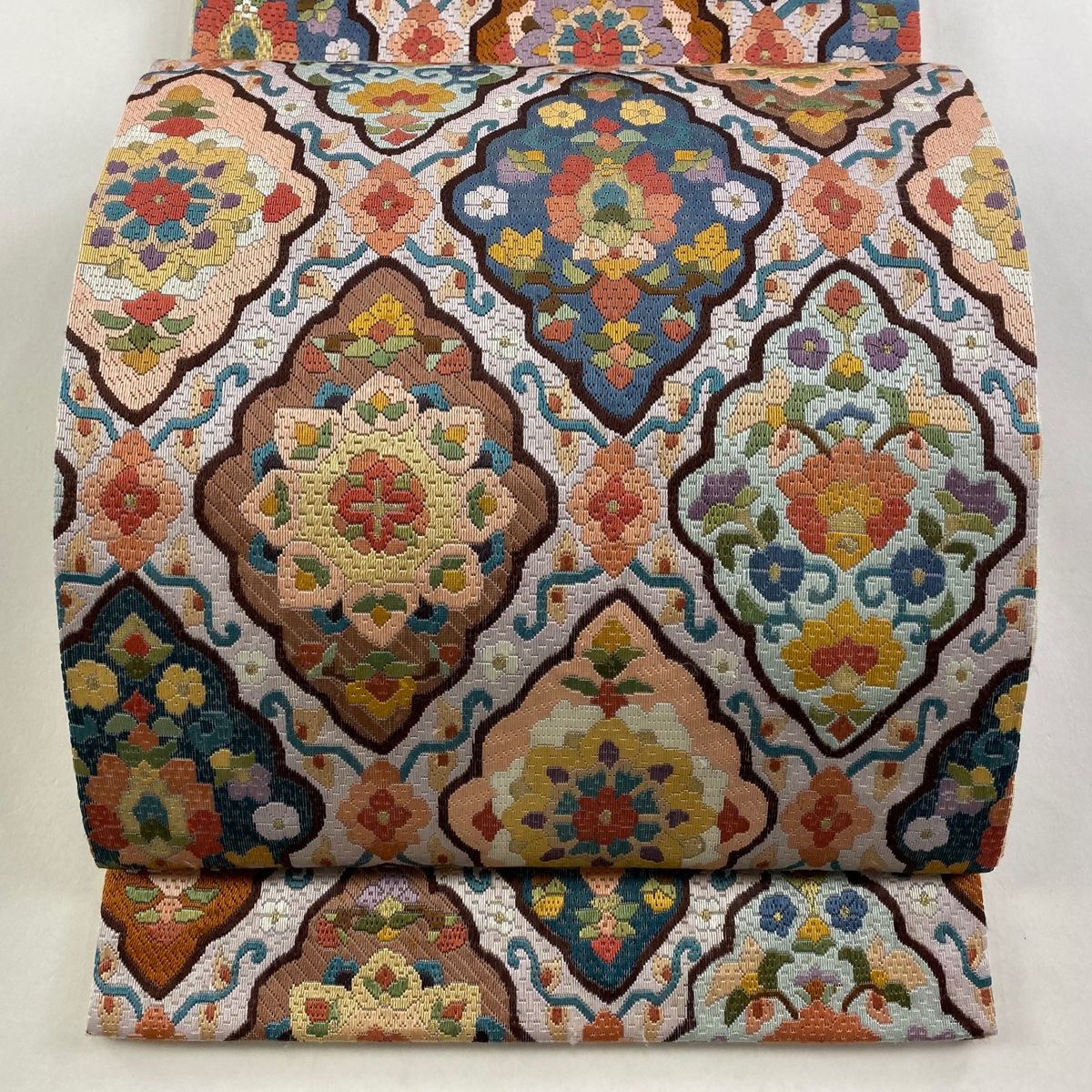 袋帯 華文 草花 刺繍 金糸 薄紫 全通 正絹