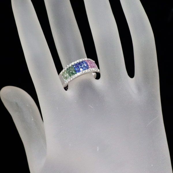 K18WG マルチカラーサファイア ダイヤモンド リング 2.17ct D0