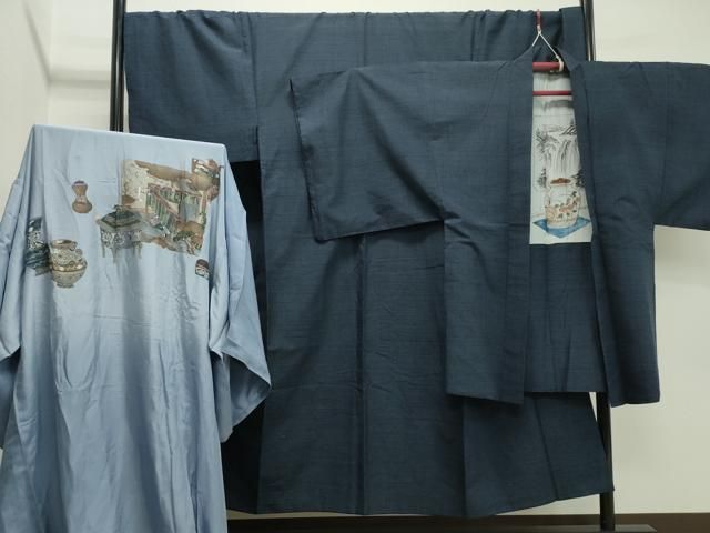 平和屋着物●男性 結城紬 アンサンブル 長襦袢セット 100亀甲 総詰め 正絹 CAAX5980gh