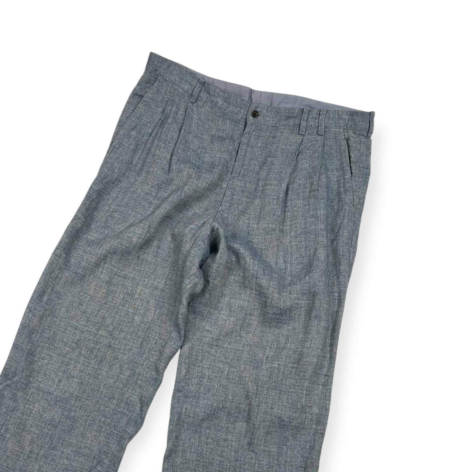 リネン100% Papas パパス 裾ダブル ツータック パンツ L/ブルー