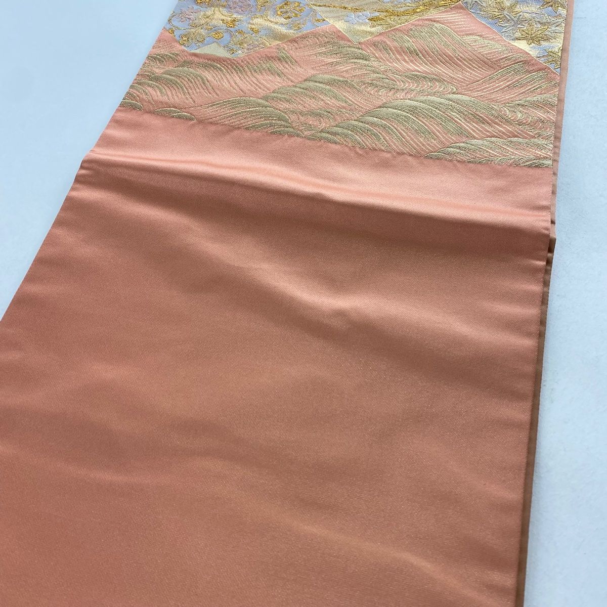 袋帯 美品 秀品 加納幸 落款 草花 波 金銀糸 箔 ピンク 六通