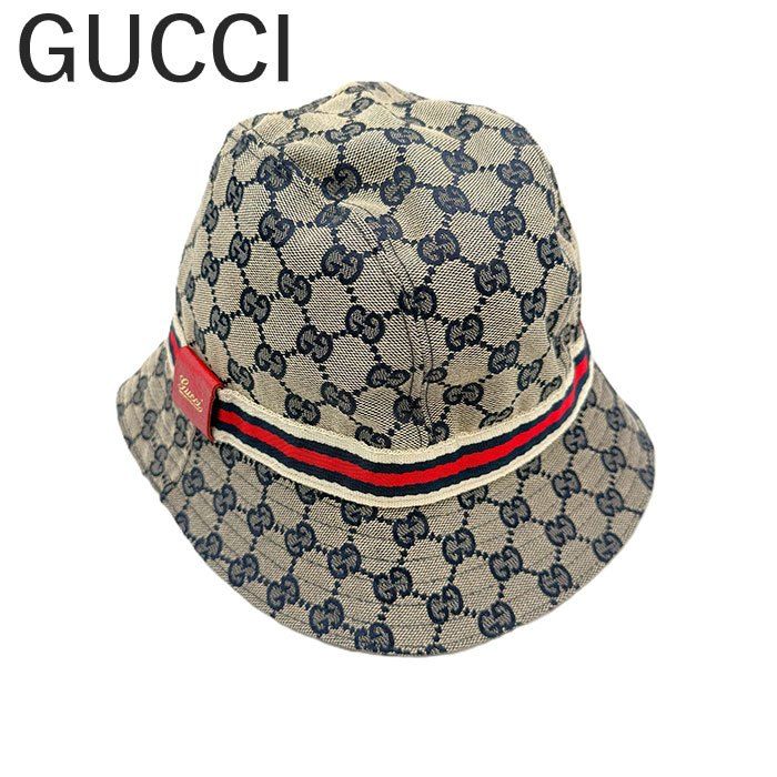 GUCCI バケットハット　ディアマンテ　ロゴプレート　ベージュ×ブラウン　帽子 グッチ GUCCI バケットハット 帽子 GGロゴ キャンバス ライン