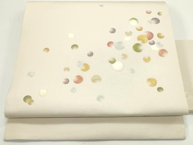 平和屋着物●塩瀬　九寸名古屋帯　刺繍　丸文　薄卵色　金銀彩　正絹　逸品　DAAV9337ob 平和屋着物○塩瀬 九寸名古屋帯 刺繍 丸文 薄卵色 金銀彩 正絹 逸品