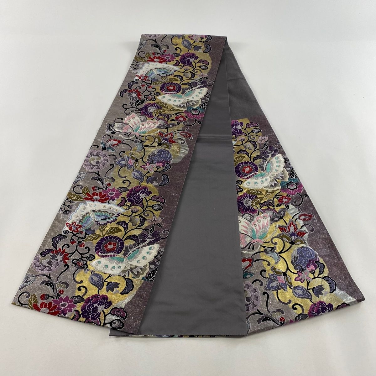 袋帯 秀品 蝶 花唐草 銀糸 箔 灰紫 六通 正絹 【中古】 - メルカリ