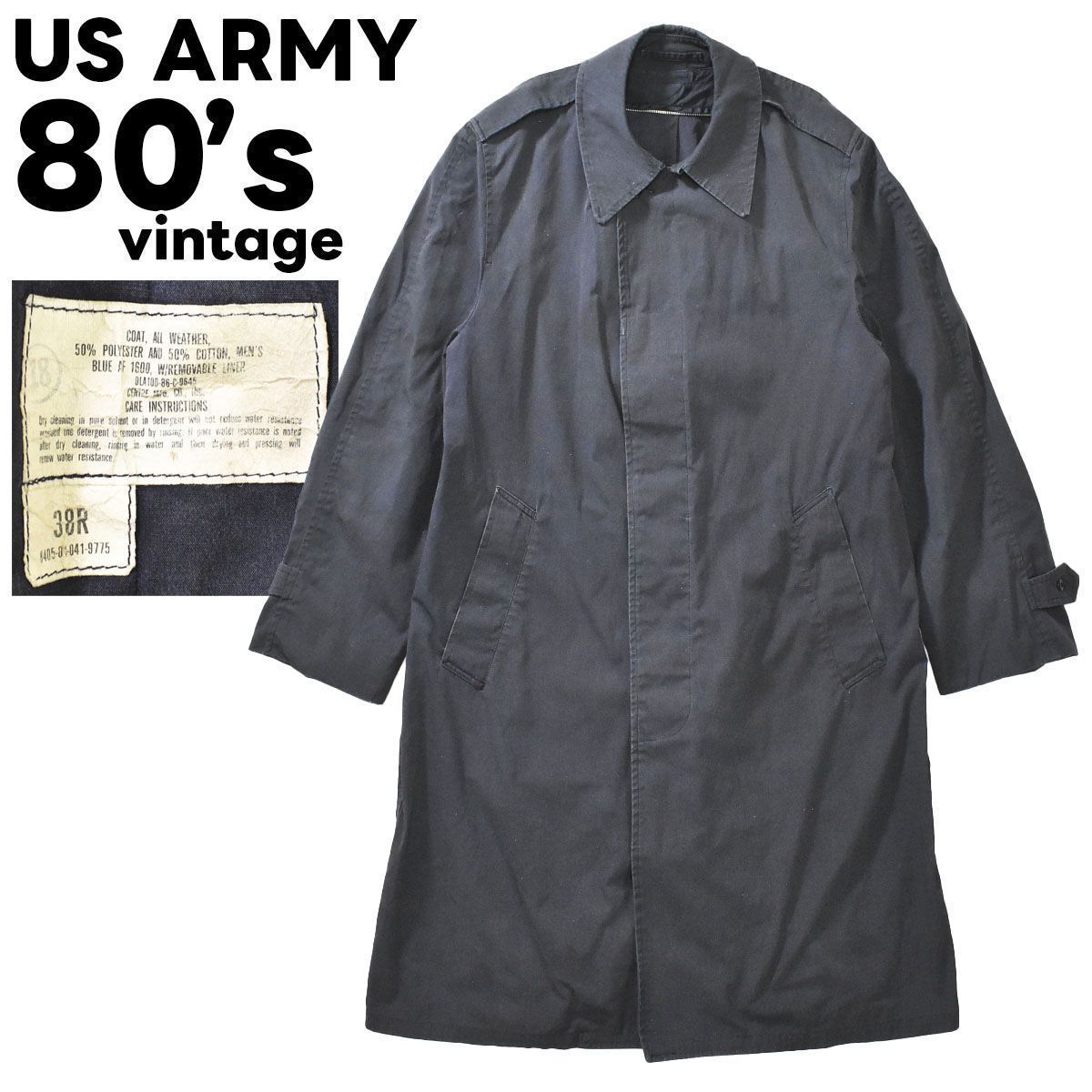 80s U S NAVY 米軍実物 オールウェザーコートレインコート黒 3840 