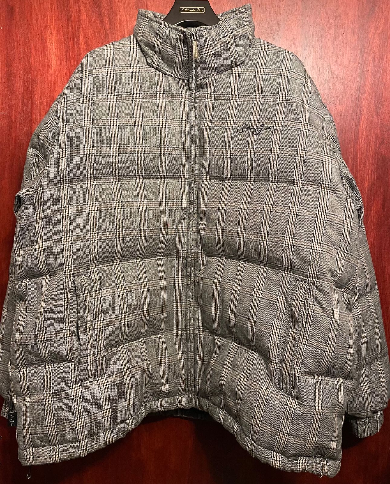 Sean John チェック柄ジャケット 4XB Sean John オーバーサイズチェック柄ダウンジャケット グレー XLサイズ