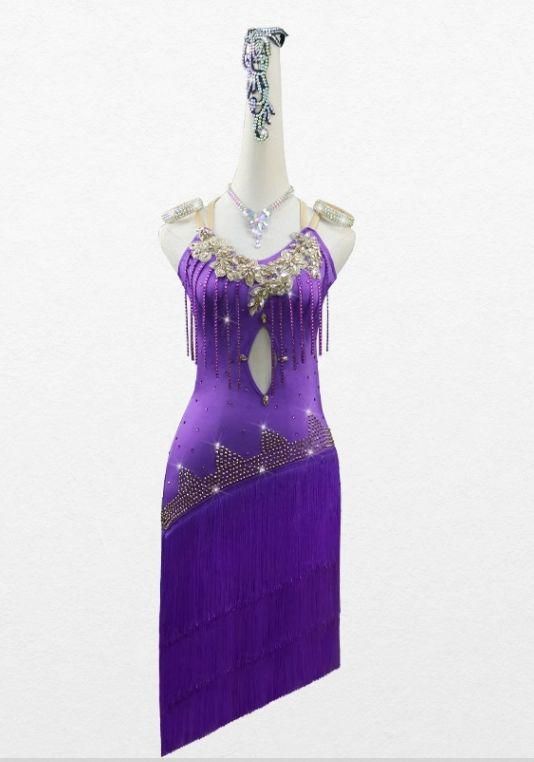 ♥社交ダンスドレス ラテンドレス ワンピース 競技 デモ用 紫 オーダーメイド