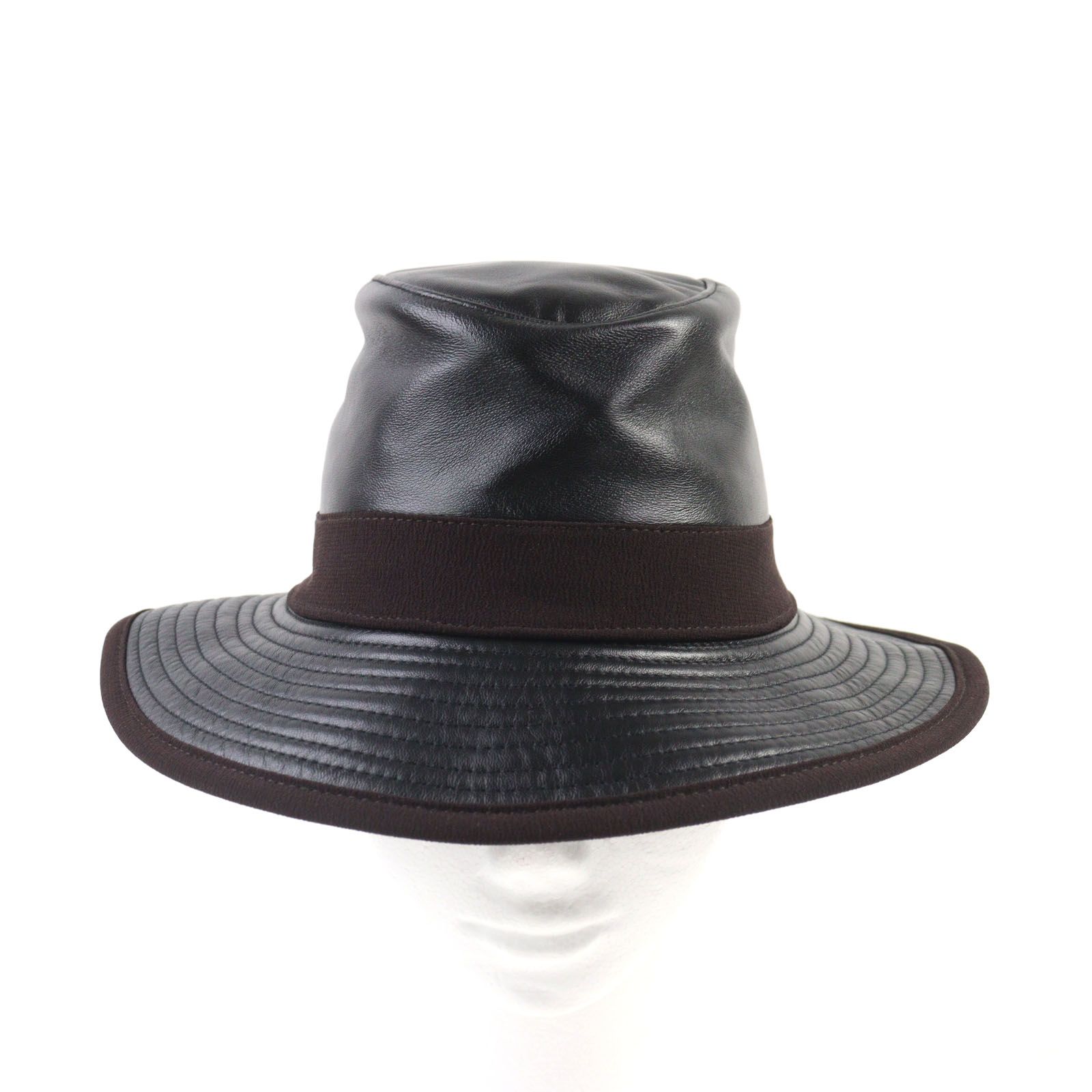 ○HERMES エルメス レザー リボン付き 裏地ロゴ総柄 ハット 帽子 ブラック 57 フランス製 メンズおすすめ