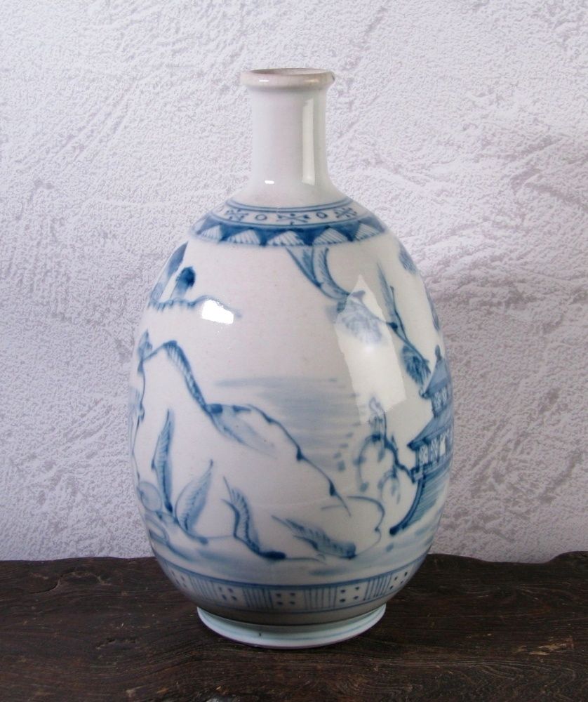 古伊万里 染付徳利 山水楼閣文 高さ：25cm 江戸後期/25h038