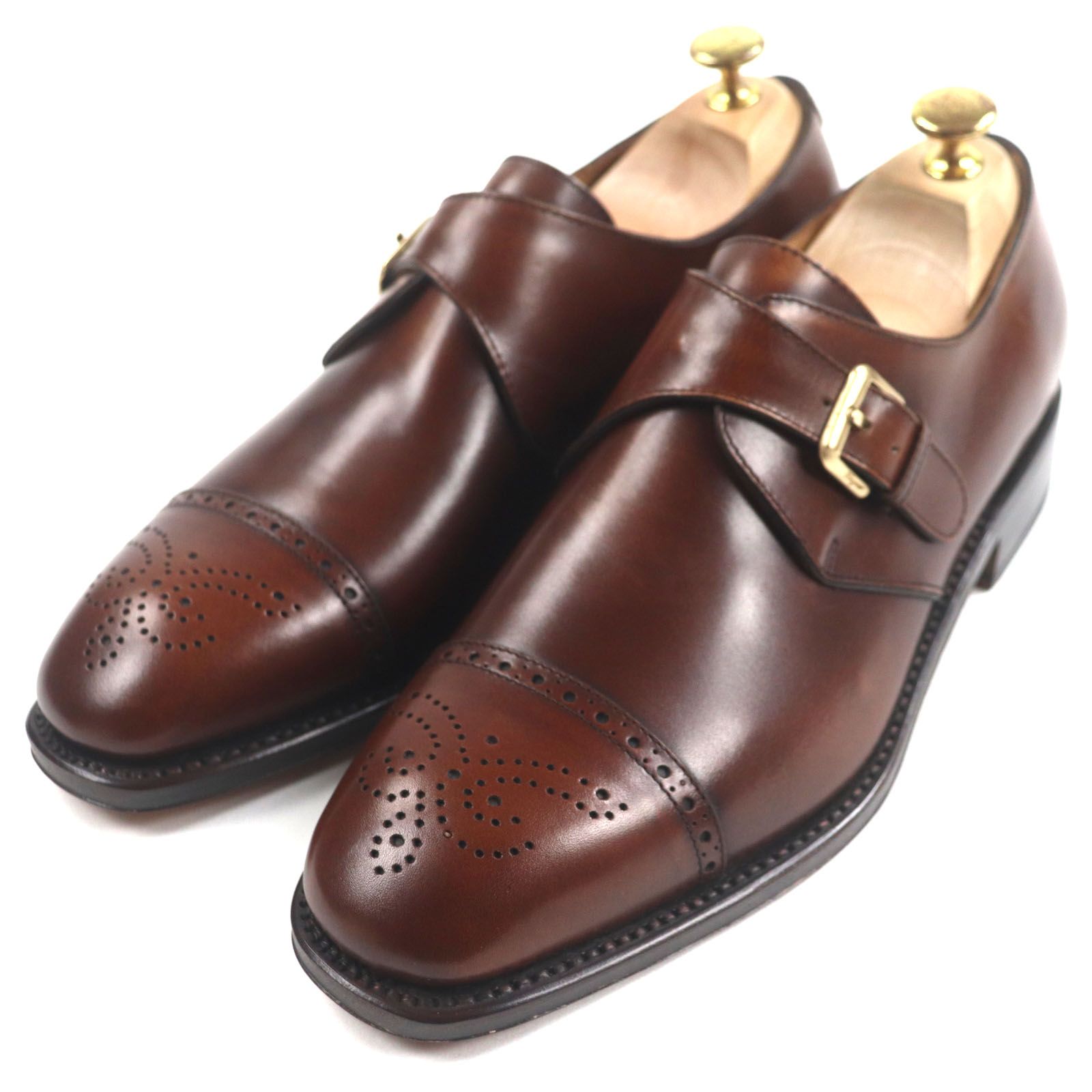 ♥品 Salvatore Ferragamo サルヴァトーレフェラガモ TRAMEZZA トラメッザ モンクストラップ パンチドキャップトゥ メダリオン レザーシューズ ブラウン 8 EE イタリア製 メンズ
