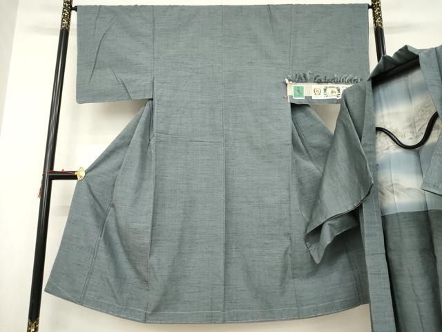 平和屋着物●男性 結城紬 アンサンブル 色無地 藍墨茶色 証紙付き 井上商事株式会社 正絹 AABC3557ck