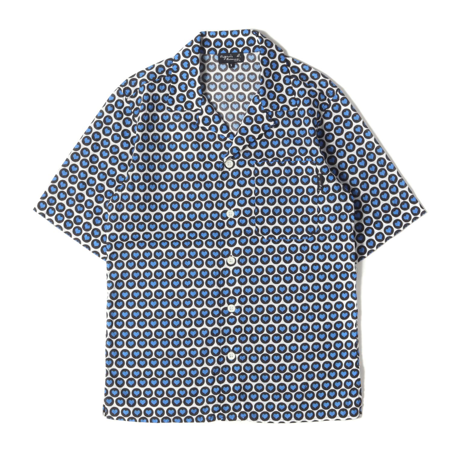 agnes b. アニエスベー シャツ サイズ S | 24SS ハート柄 オープン 半袖 シャツ | ホワイト ブルー | トップス カジュアルシャツ 薄手 メンズ