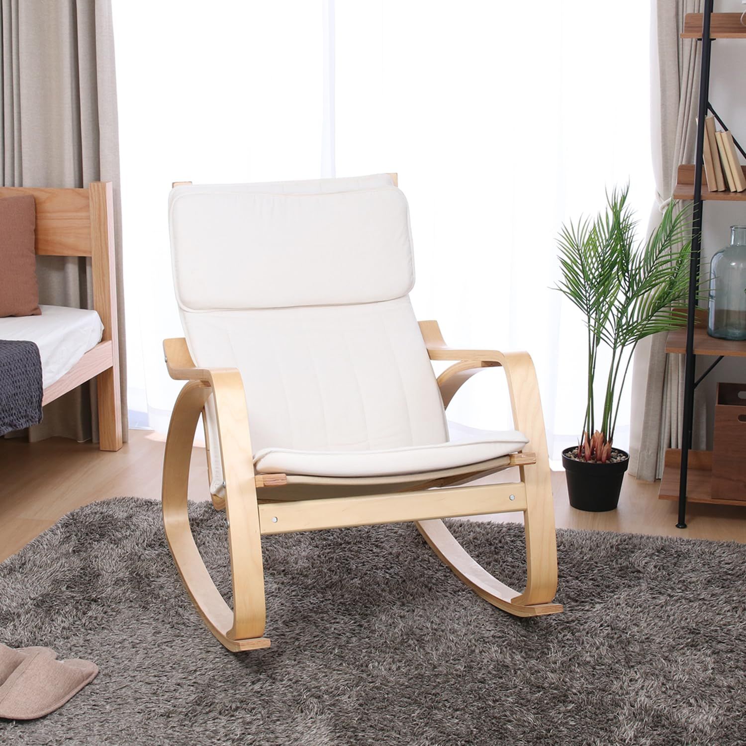 不二貿易 リラックスチェア ロッキングチェア 1人掛け 幅67×奥行96×高さ90cm アイボリー 木製 曲木 組立商品 一人掛けソファ スリム 40817