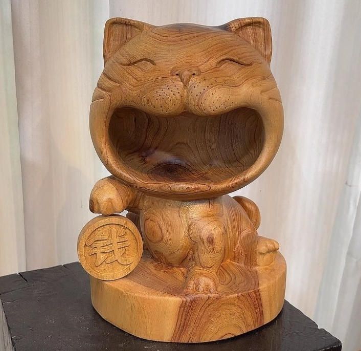 クスノキ招き猫デザイン鍵収納玄関リビングアクセサリー実木手作り網赤KT猫細工