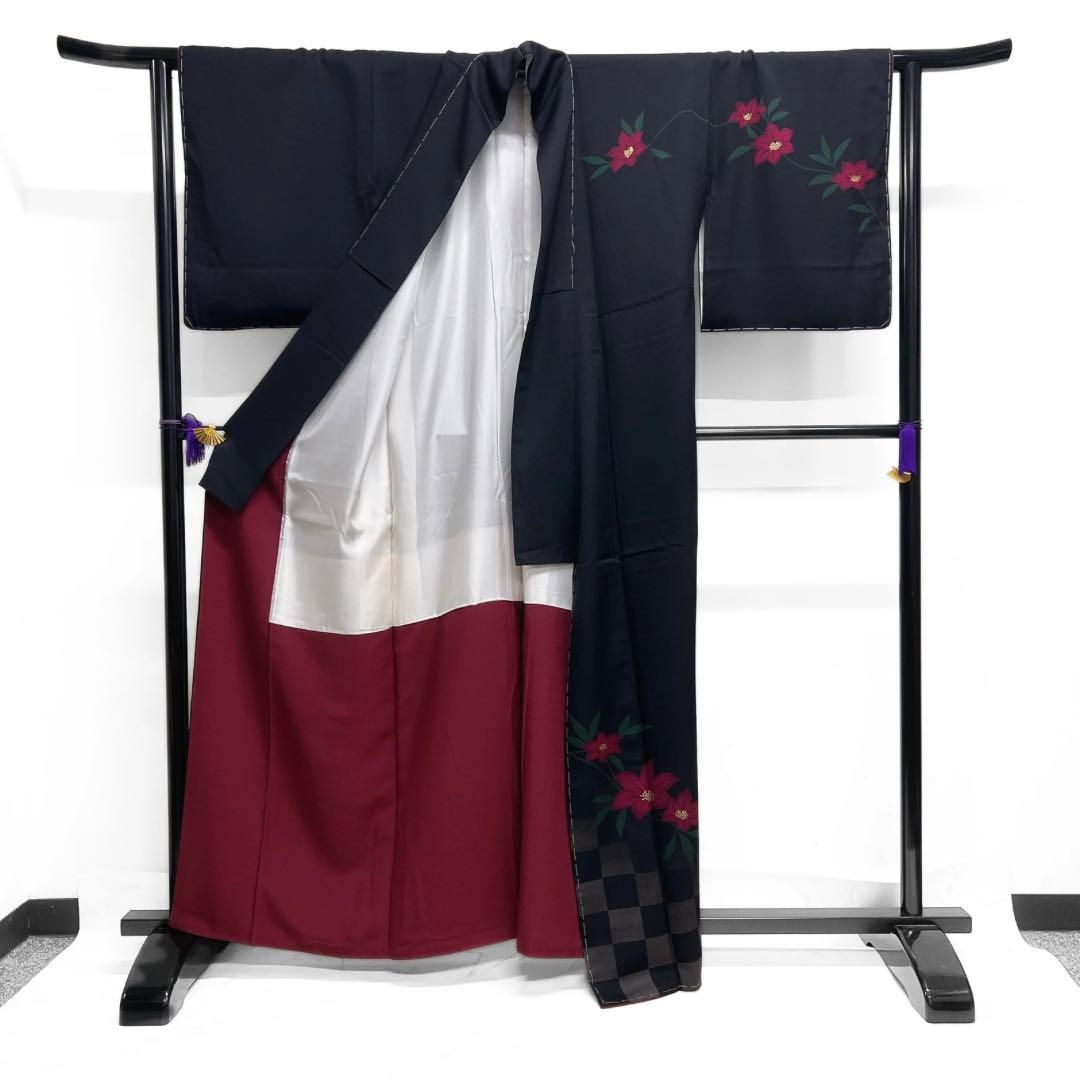 未着用 付け下げ 鉄線花 テッセン 金彩 市松 黒地 着物 092a d